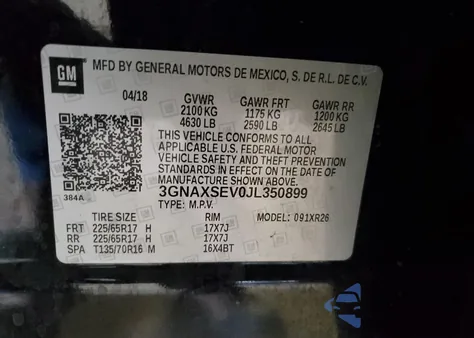 2018 Chevrolet Equinox Lt from USA, damaged, VIN 3GNAXSEV0JL350899